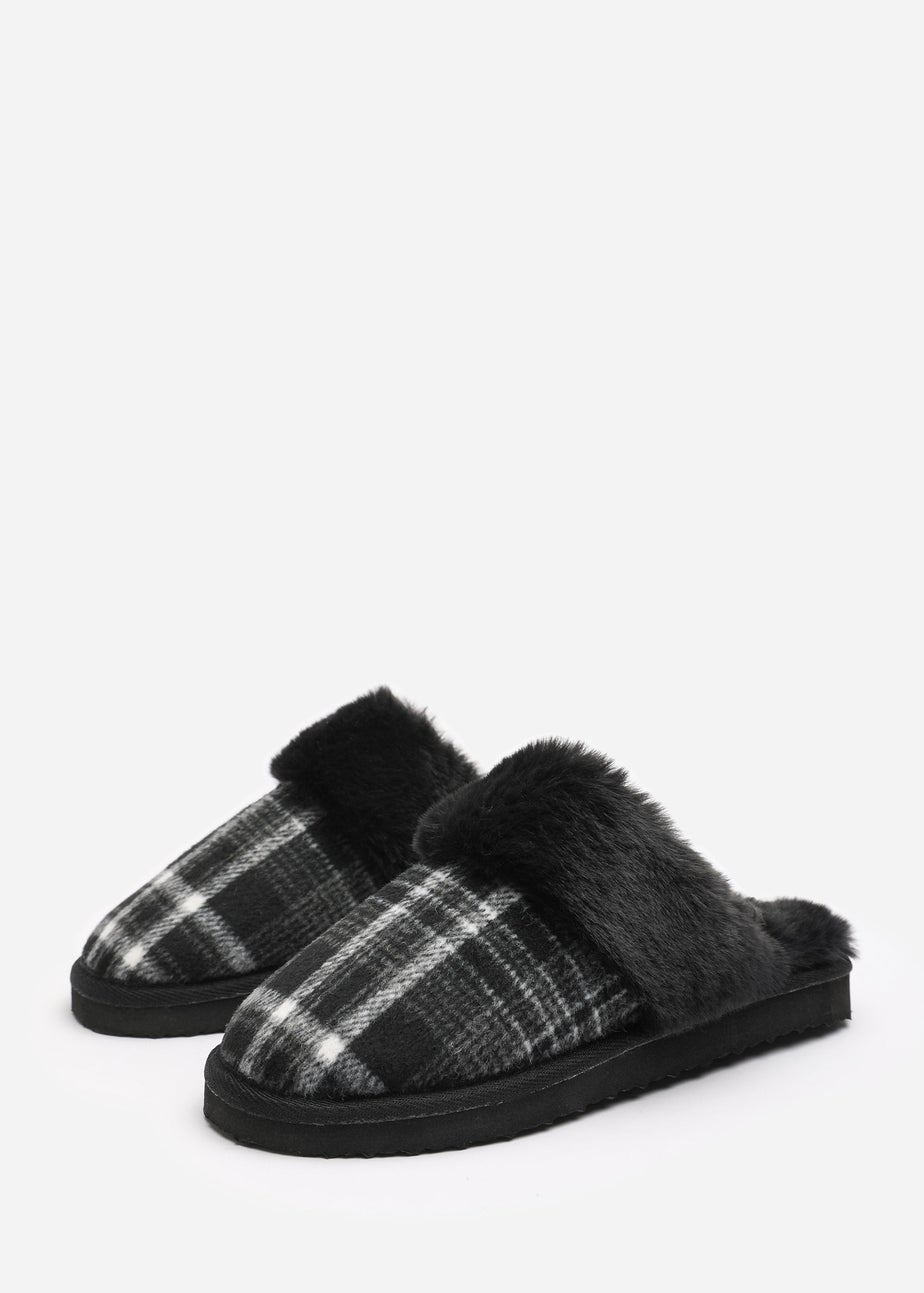 Wheres That From Inaya Black Plaid Faux Fur Mule Slippers
