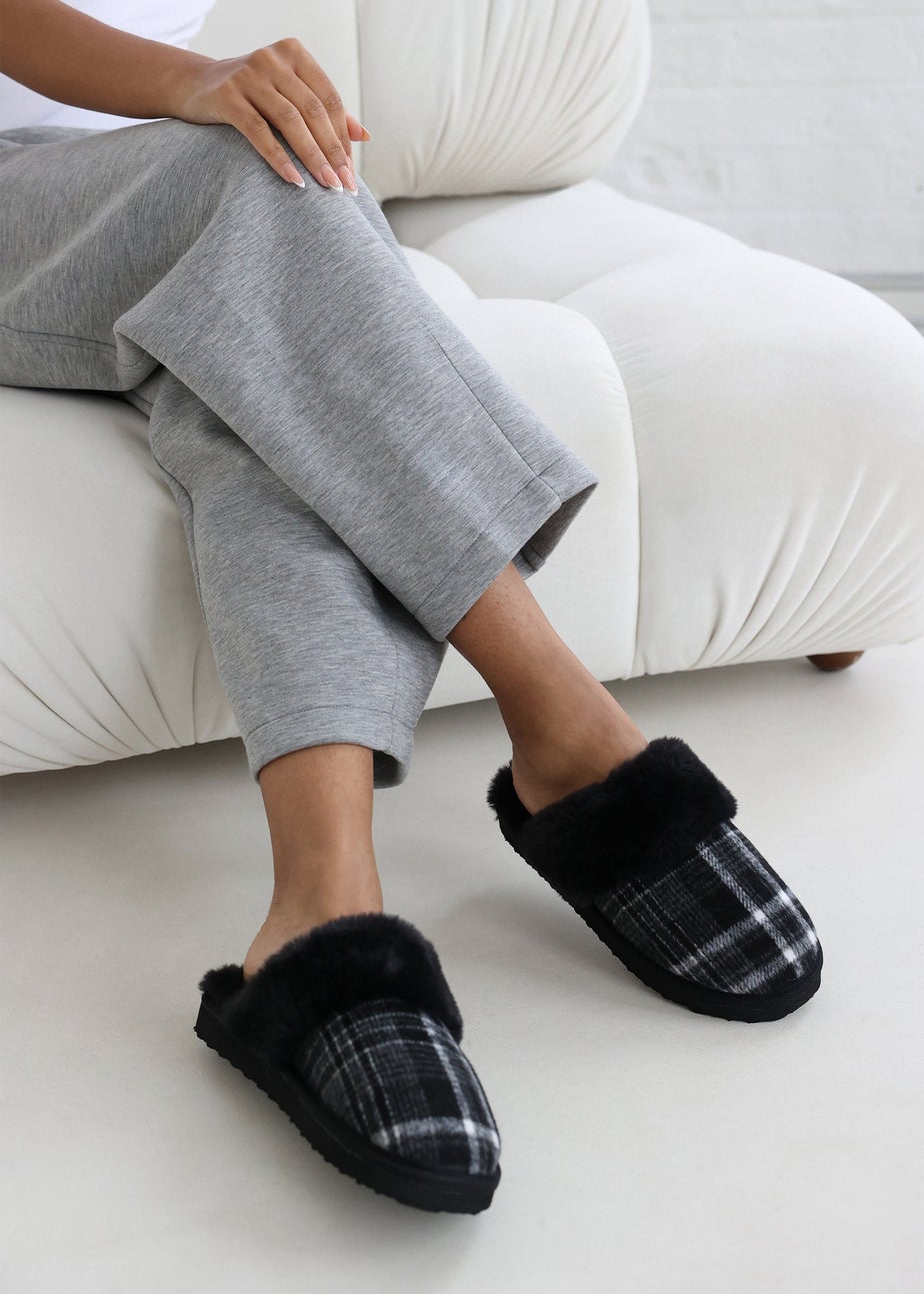 Wheres That From Inaya Black Plaid Faux Fur Mule Slippers