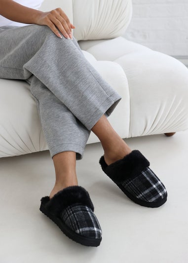 Wheres That From Inaya Black Plaid Faux Fur Mule Slippers