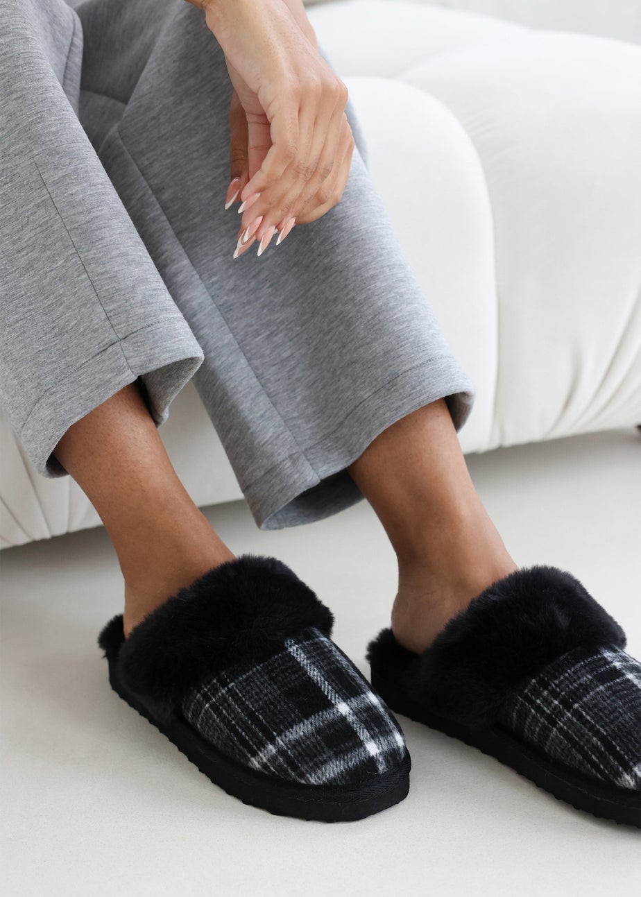 Wheres That From Inaya Black Plaid Faux Fur Mule Slippers