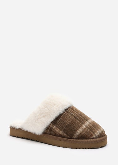 Wheres That From Inaya Yellow Plaid Faux Fur Mule Slippers