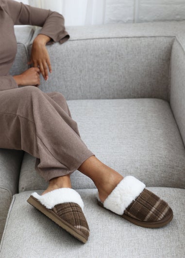 Wheres That From Inaya Yellow Plaid Faux Fur Mule Slippers