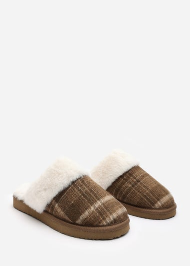 Wheres That From Inaya Yellow Plaid Faux Fur Mule Slippers