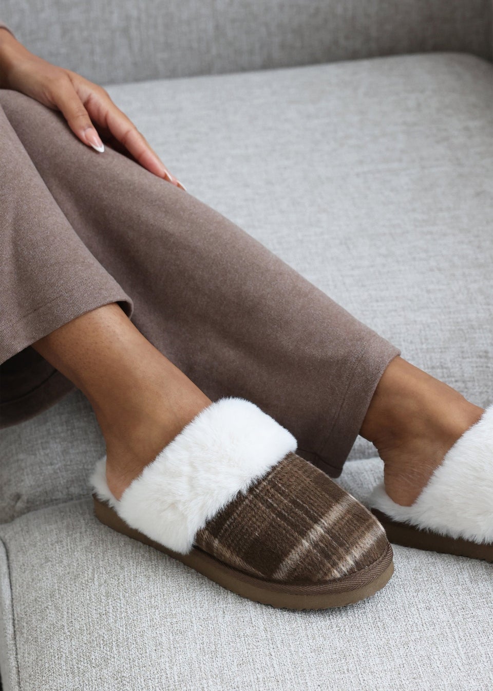 Wheres That From Inaya Yellow Plaid Faux Fur Mule Slippers