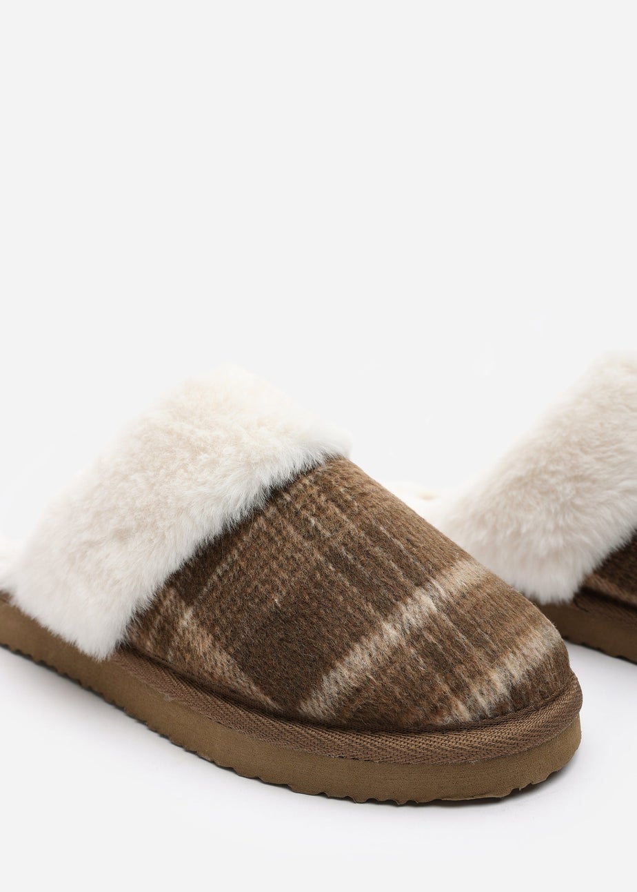 Wheres That From Inaya Yellow Plaid Faux Fur Mule Slippers