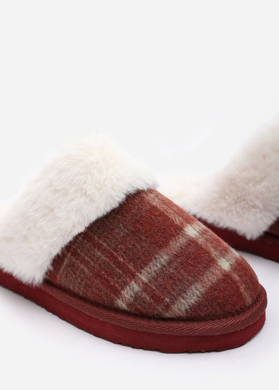 Wheres That From Inaya Red Plaid Faux Fur Mule Slippers