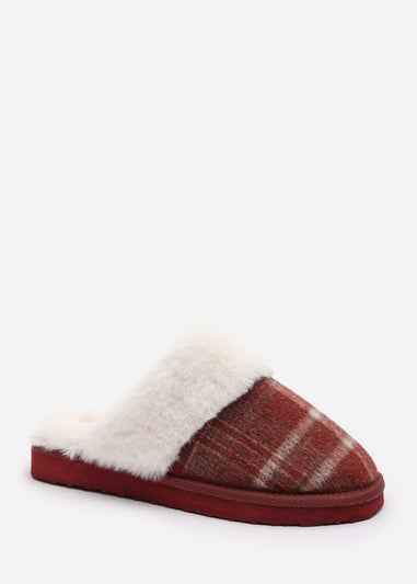Wheres That From Inaya Red Plaid Faux Fur Mule Slippers