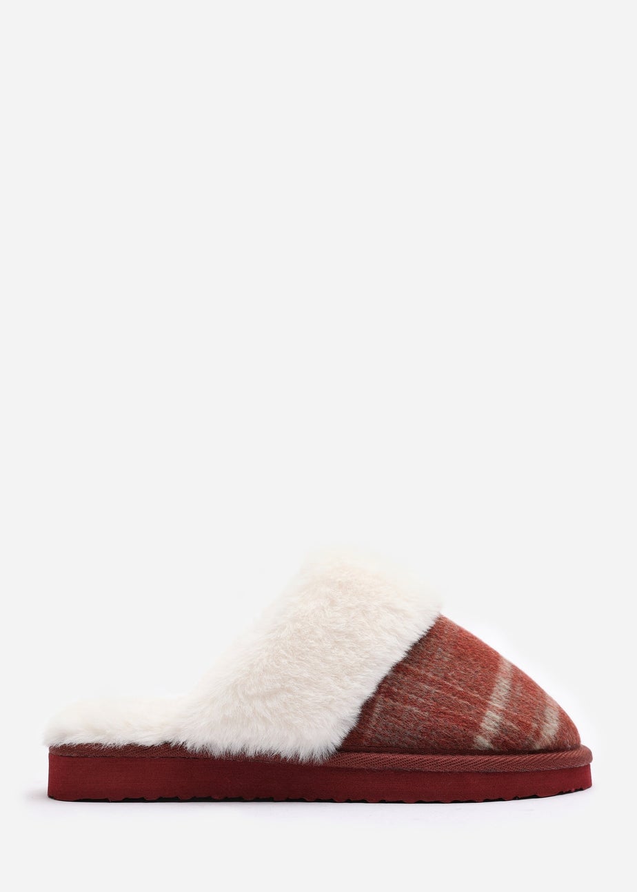 Wheres That From Inaya Red Plaid Faux Fur Mule Slippers