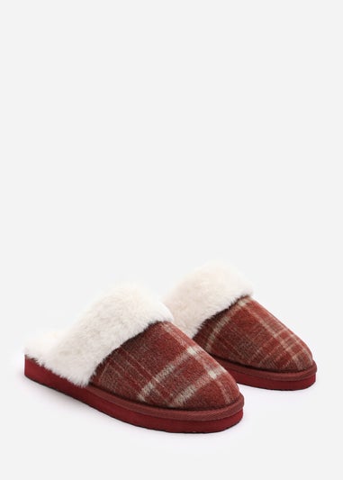 Wheres That From Inaya Red Plaid Faux Fur Mule Slippers