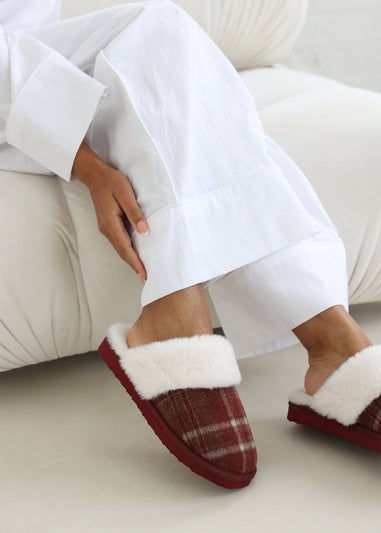 Wheres That From Inaya Red Plaid Faux Fur Mule Slippers
