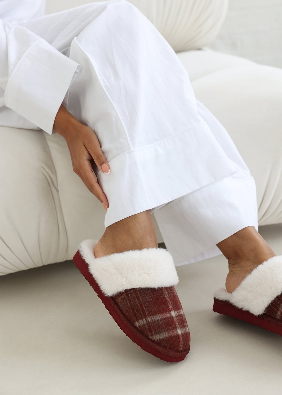 Wheres That From Inaya Red Plaid Faux Fur Mule Slippers