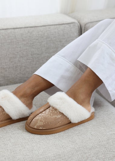 Where's That From Flora Gold Camel Snake Print Mule Slippers