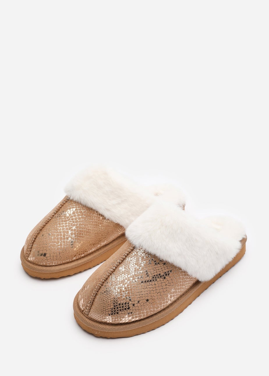 Where's That From Flora Gold Camel Snake Print Mule Slippers