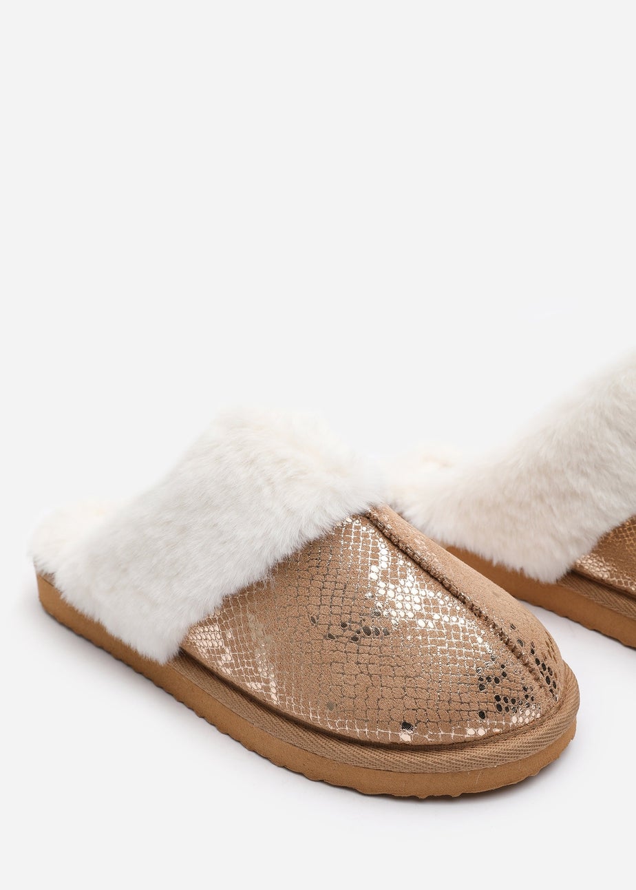Where's That From Flora Gold Camel Snake Print Mule Slippers