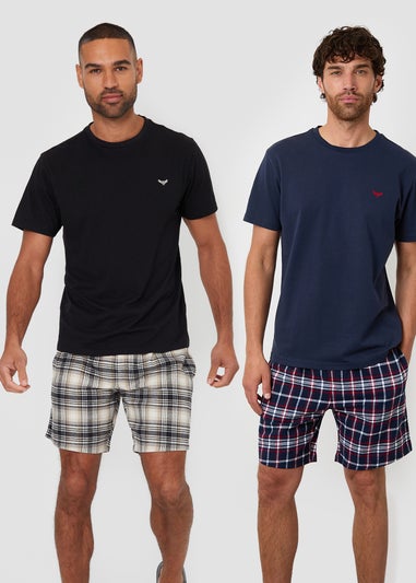 Threadbare Navy 2-Pack Textured Check Shortie Pyjama Sets