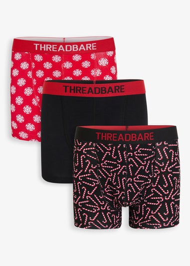 Threadbare Black 3-Pack Christmas Print Hipster Fit Boxer Shorts