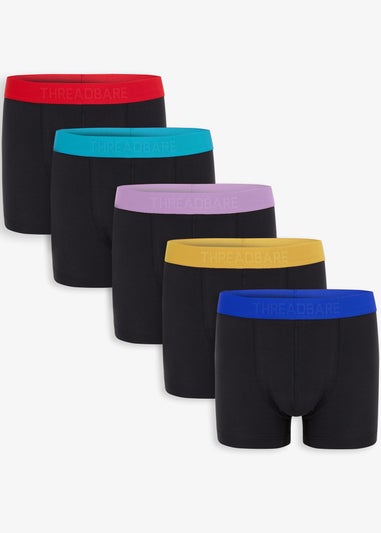 Threadbare Black 5-Pack Contrast Hipster Fit Boxer Shorts