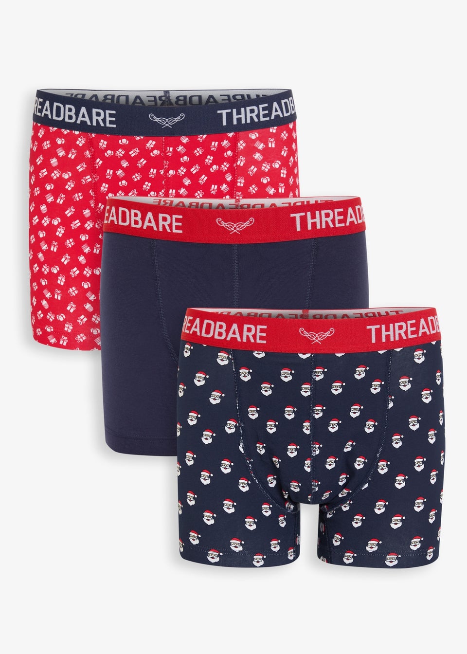 Threadbare Navy 3-Pack Christmas Print Hipster Fit Boxer Shorts