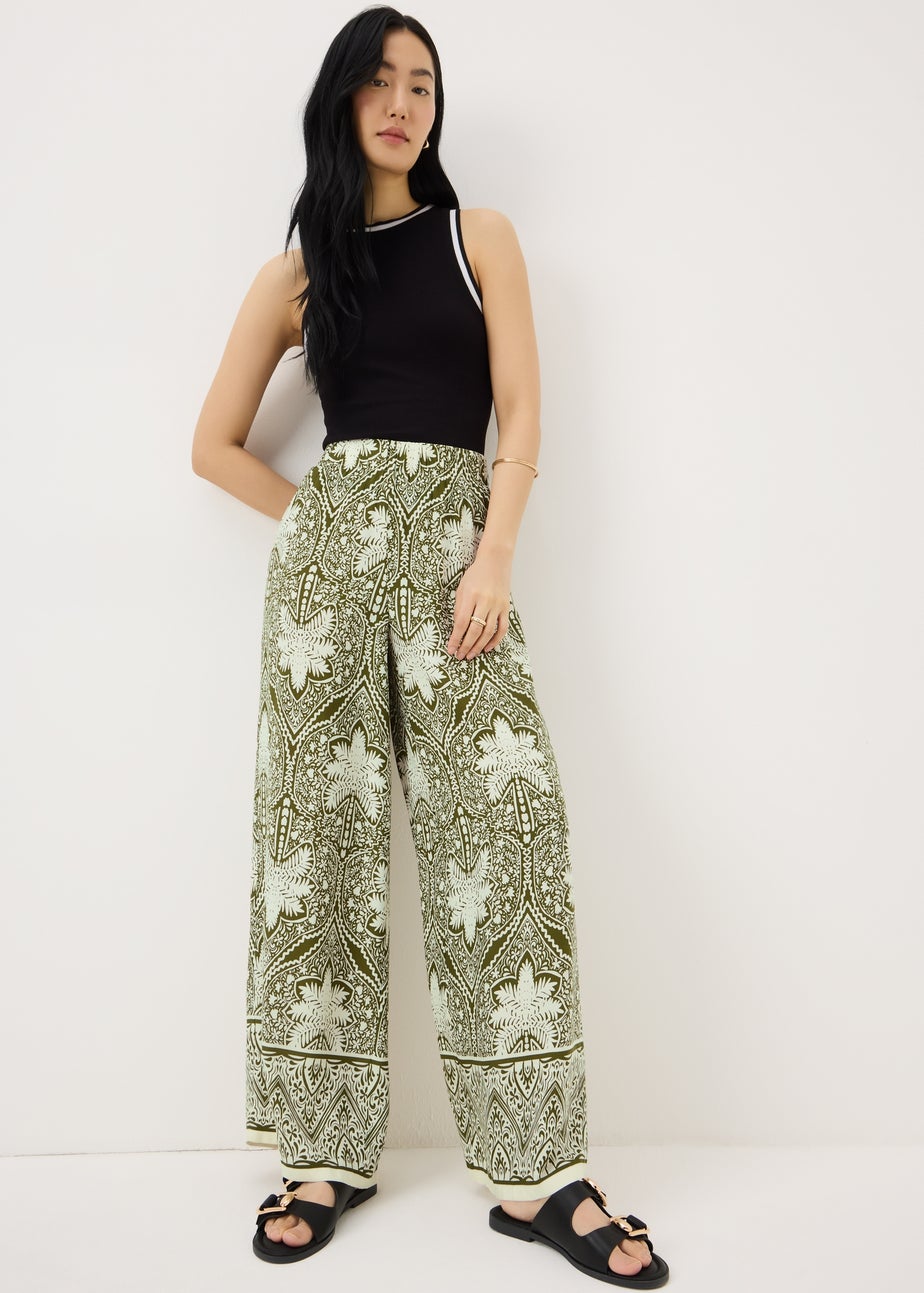 Khaki Palm Print Wide Leg Co Ord Trousers