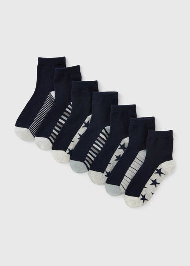 7 Pack Boys Navy Star Stripe Socks (Younger 6-Older 6.5)