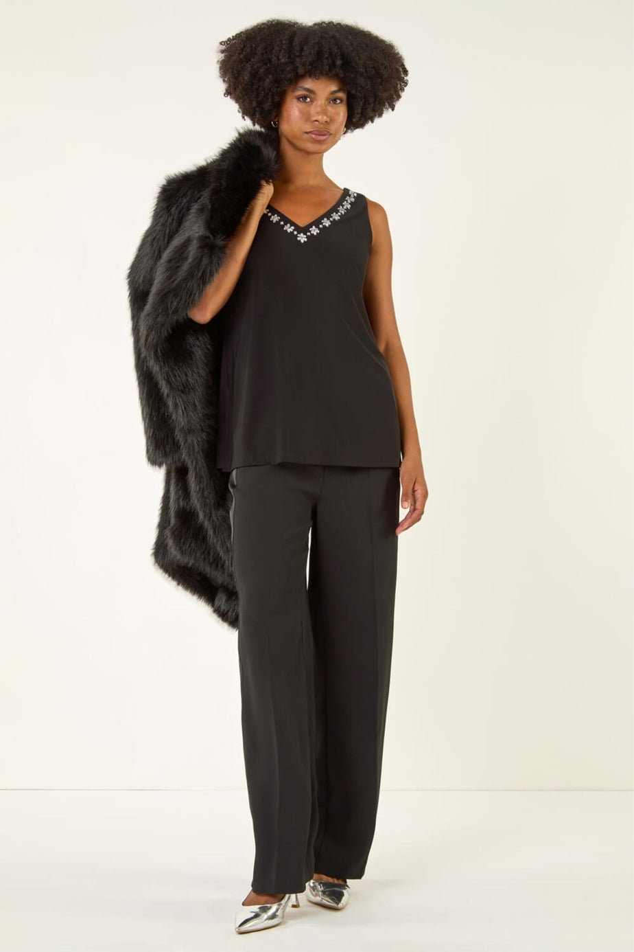 Roman Black Embellished V-Neck Stretch Vest Top