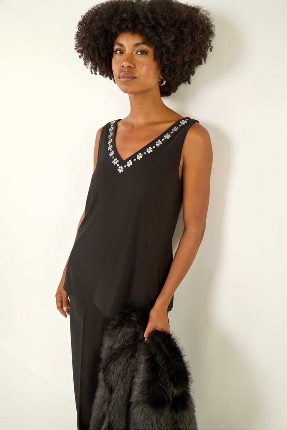 Roman Black Embellished V-Neck Stretch Vest Top