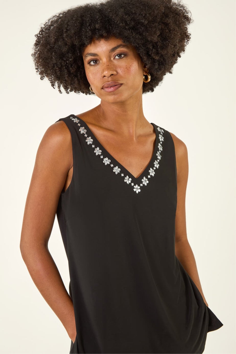 Roman Black Embellished V-Neck Stretch Vest Top