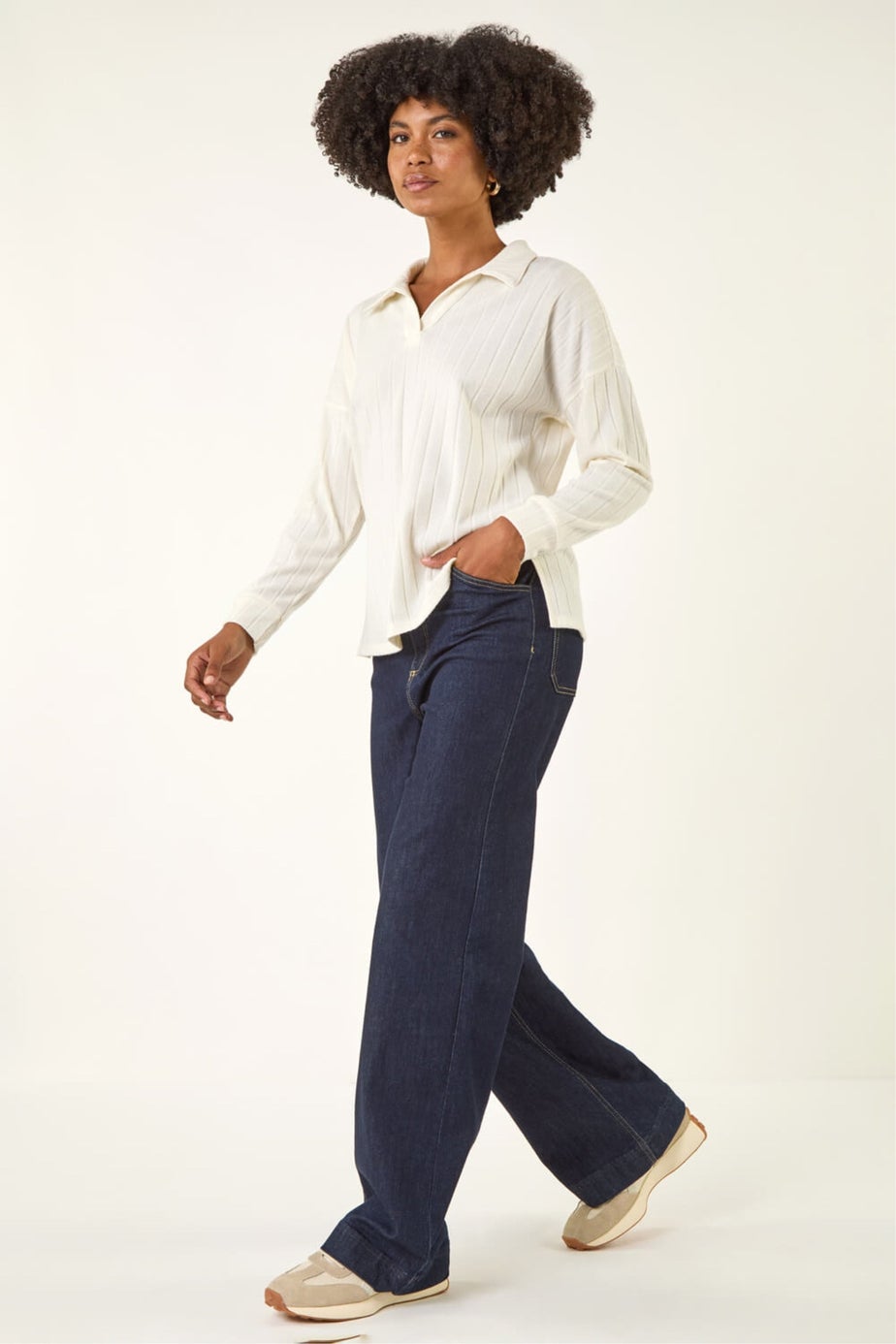 Roman Cream Ribbed Collared Stretch Top