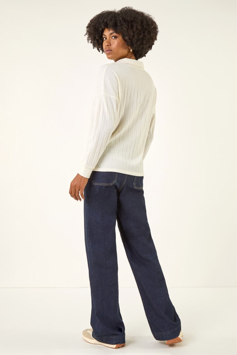 Roman Cream Ribbed Collared Stretch Top