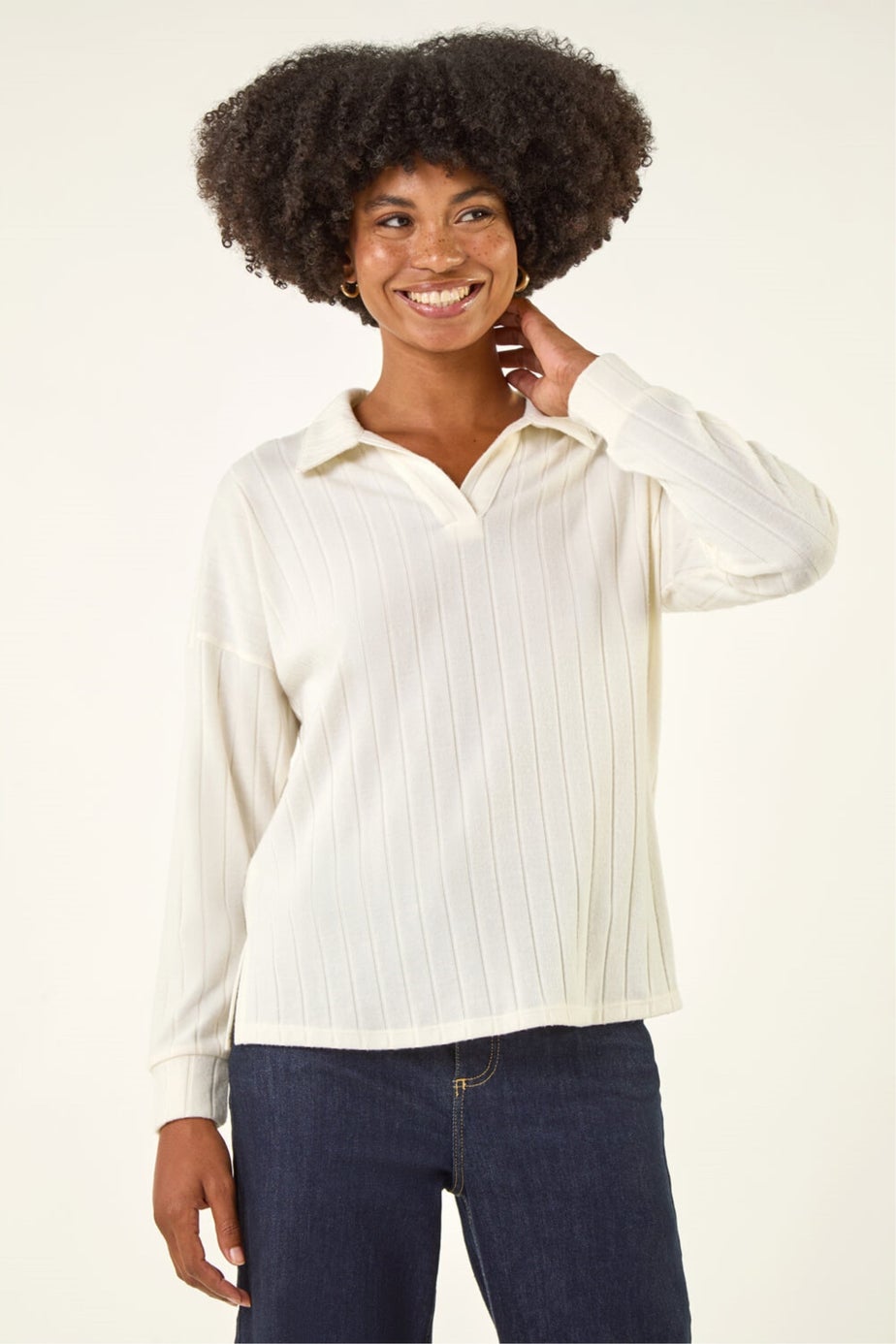 Roman Cream Ribbed Collared Stretch Top