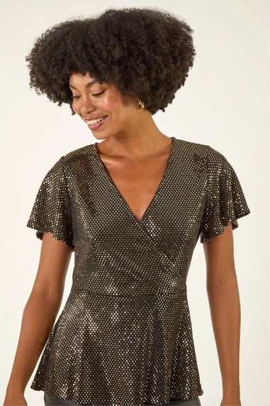 Roman Bronze Sparkly Wrap Front Tunic Top