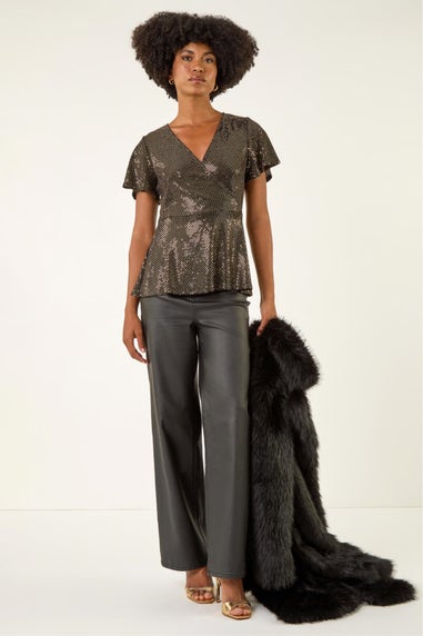 Roman Bronze Sparkly Wrap Front Tunic Top