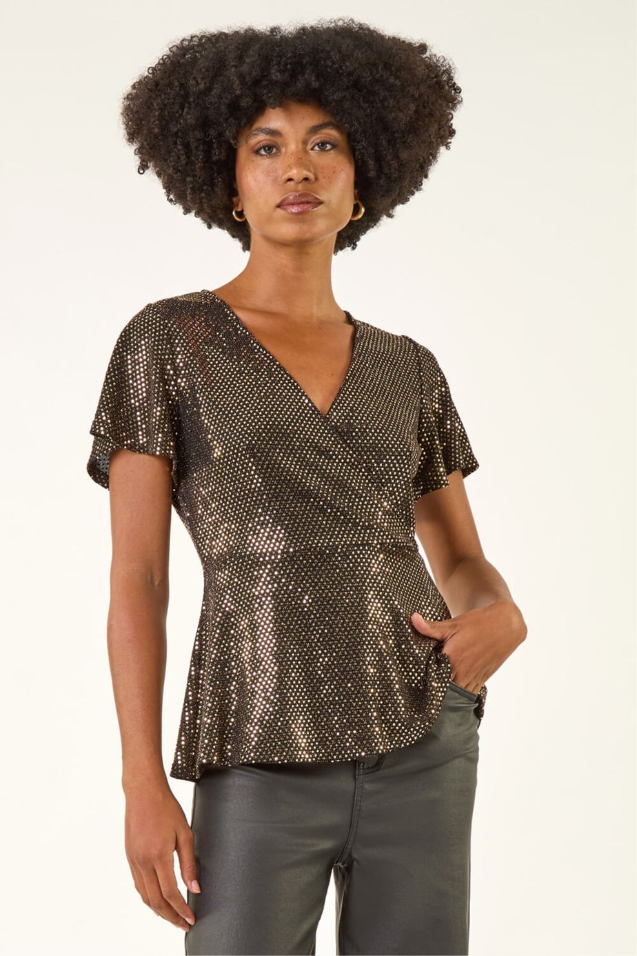 Roman Bronze Sparkly Wrap Front Tunic Top