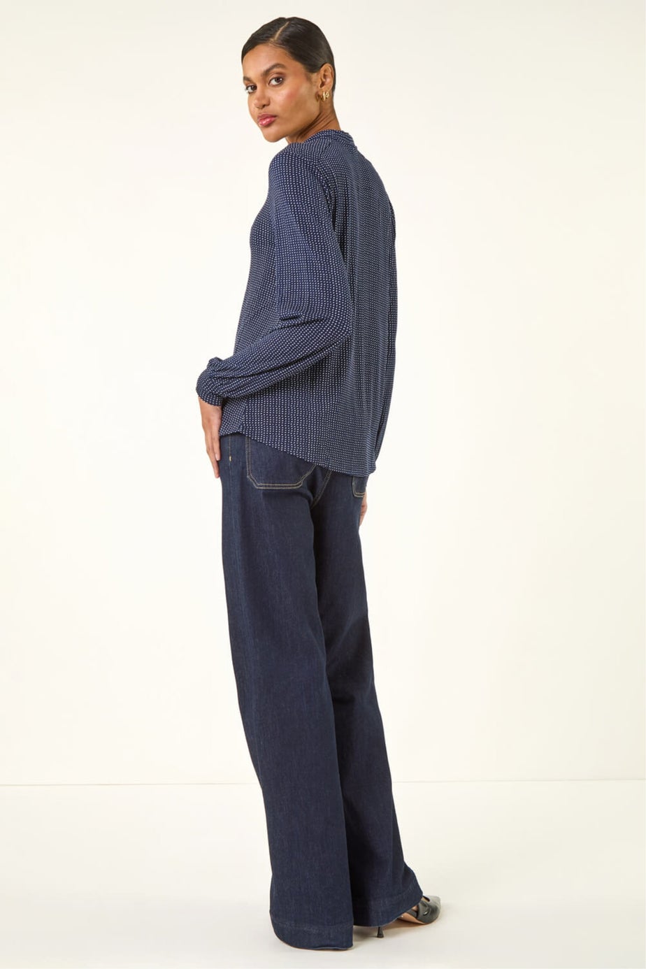 Roman Navy Polka Dot Tie Neck Top