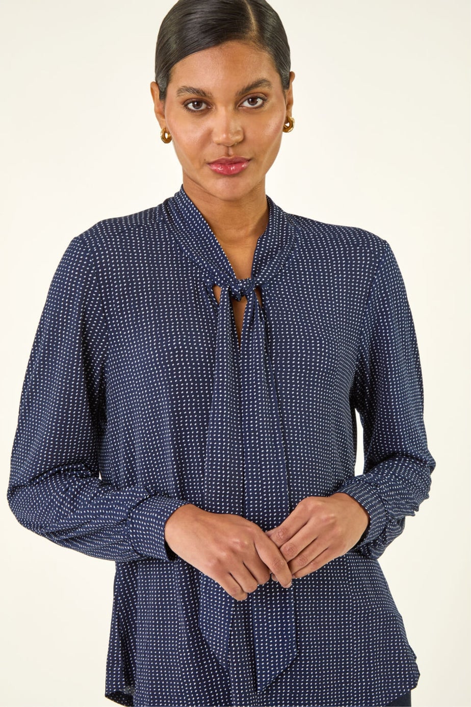 Roman Navy Polka Dot Tie Neck Top
