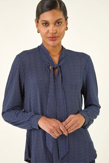 Roman Navy Polka Dot Tie Neck Top
