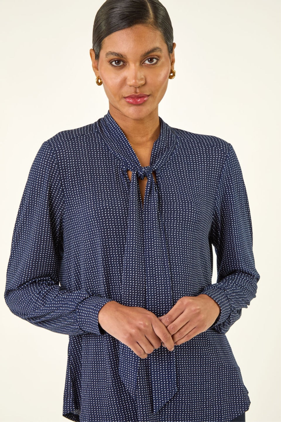 Roman Navy Polka Dot Tie Neck Top