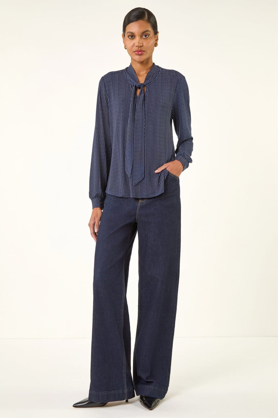 Roman Navy Polka Dot Tie Neck Top