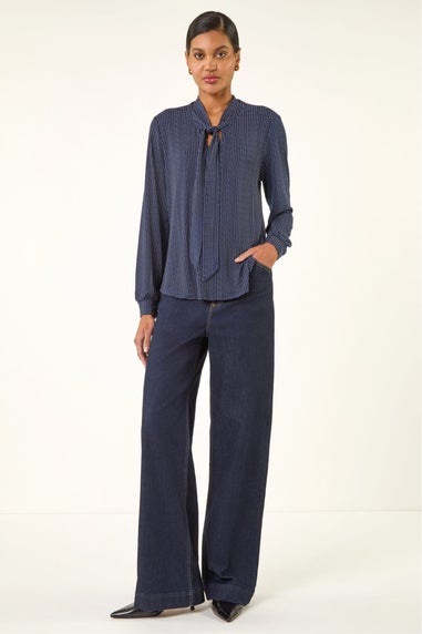 Roman Navy Polka Dot Tie Neck Top