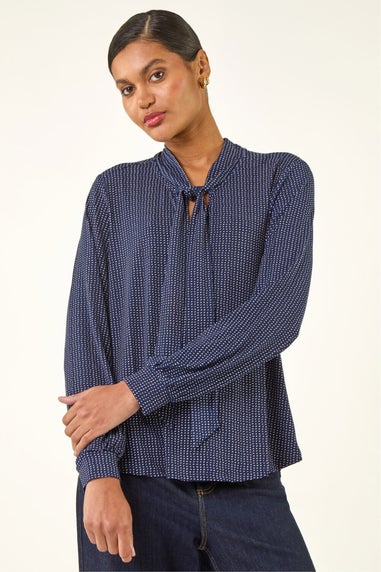 Roman Navy Polka Dot Tie Neck Top