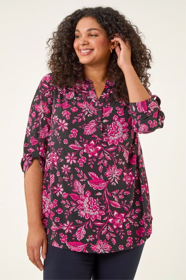 Roman Cerise Curve Textured Floral Print Shirt