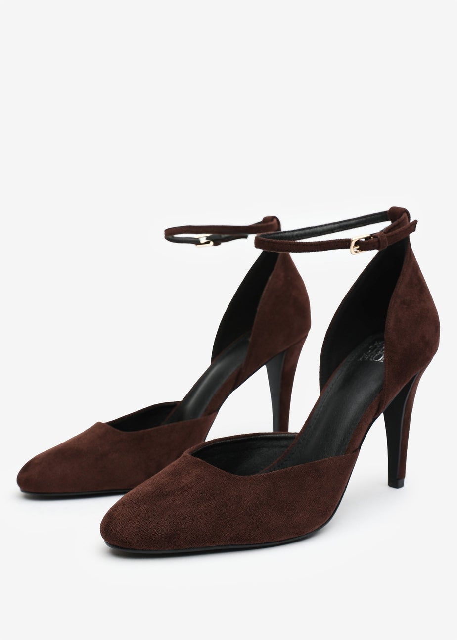 Where's That From Piper Dark Brown Suede Ankle Strap Heels