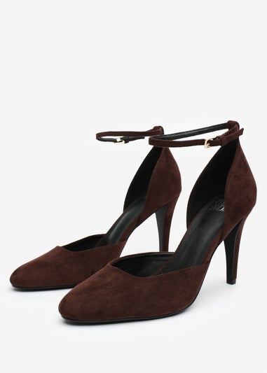 Where's That From Piper Dark Brown Suede Wide-Fit Ankle Strap Heels