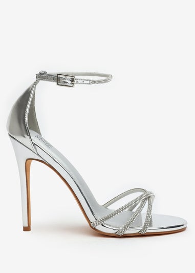 Where's That From Rose Silver Metallic Stiletto Heels With Rhinestone Strap