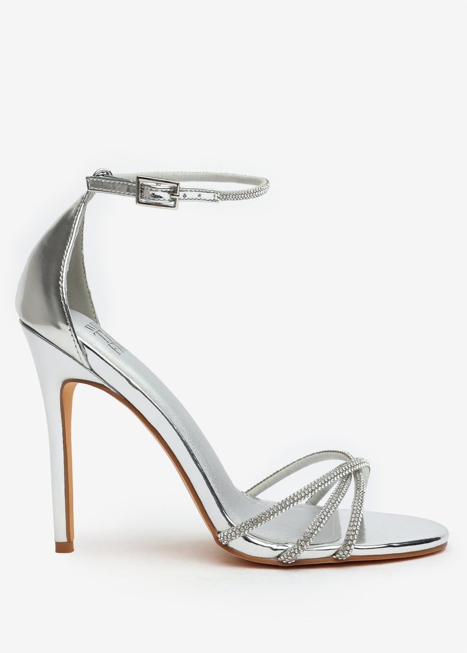 Where's That From Rose Silver Metallic Stiletto Heels With Rhinestone Strap