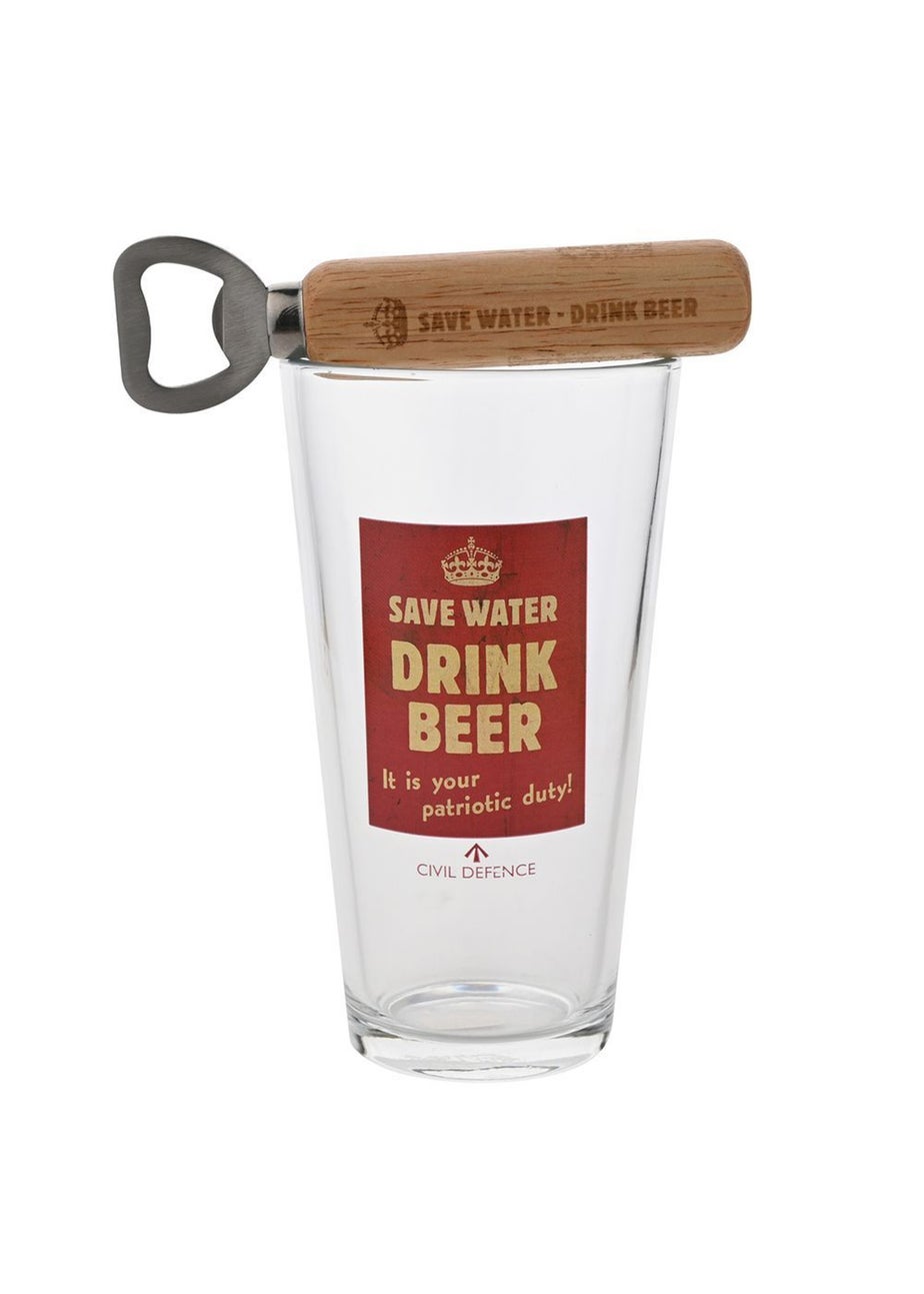 Civil Defence Clear Pint Glass and Bottle Opener Set