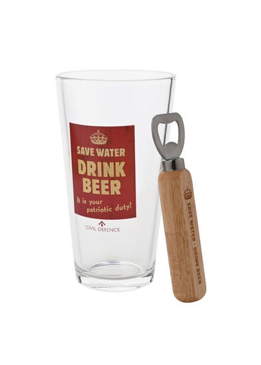 Civil Defence Clear Pint Glass and Bottle Opener Set