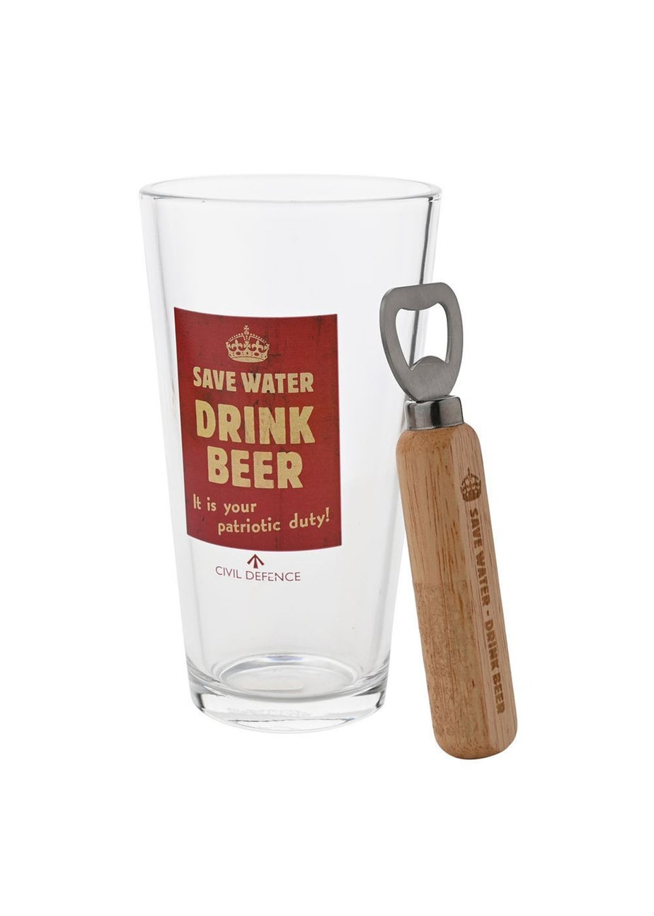 Civil Defence Clear Pint Glass and Bottle Opener Set