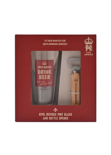 Civil Defence Clear Pint Glass and Bottle Opener Set