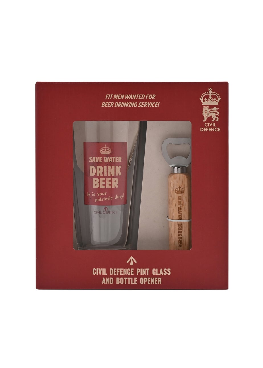 Civil Defence Clear Pint Glass and Bottle Opener Set